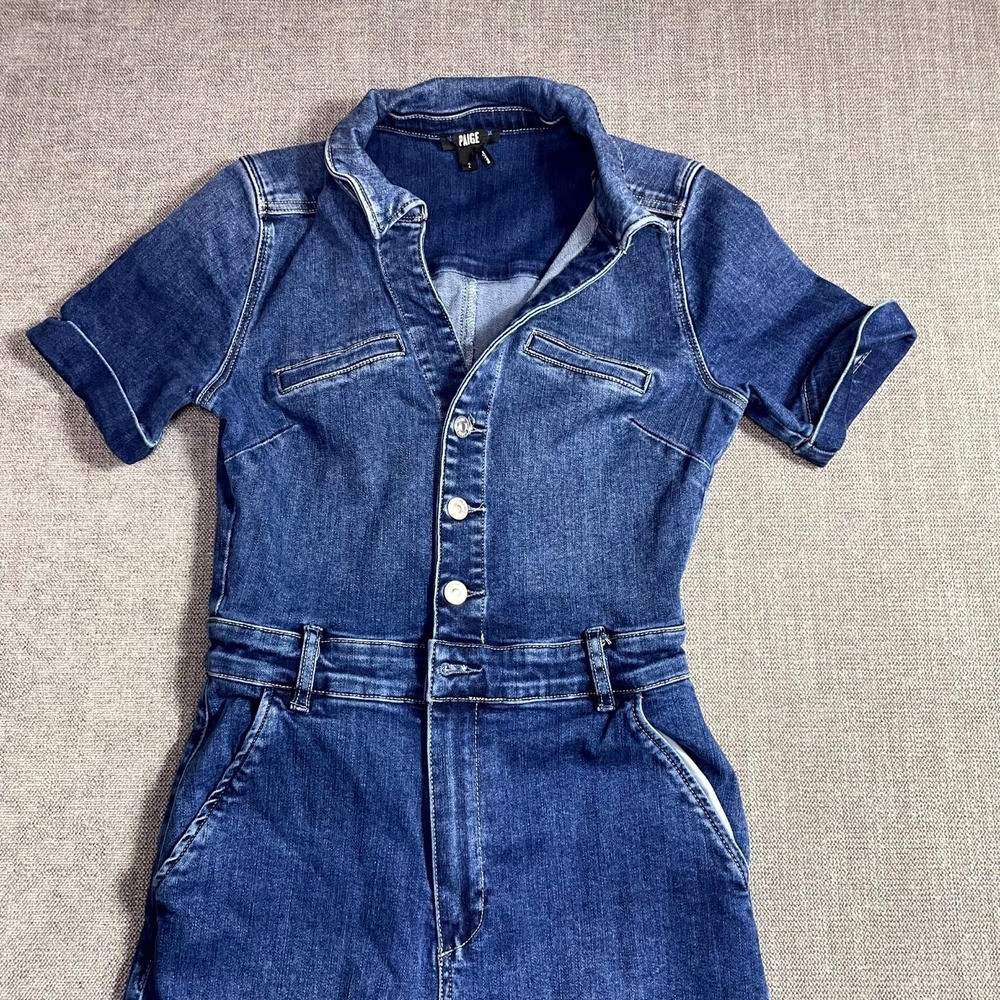 Paige Blue Denim Jumpsuit Womens 2 Short Sleeve Straight Leg One Piece Pockets